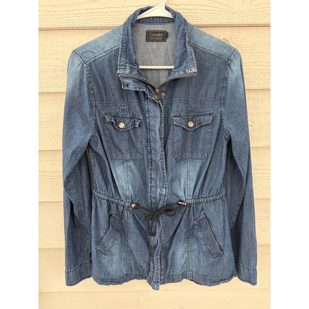 Cavalini Denim Utility Jacket | Zip Front Drawstring Waist | Lightweight | Size - Picture 2 of 10